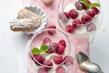 Weisse Schokoladencrème mit Himbeeren